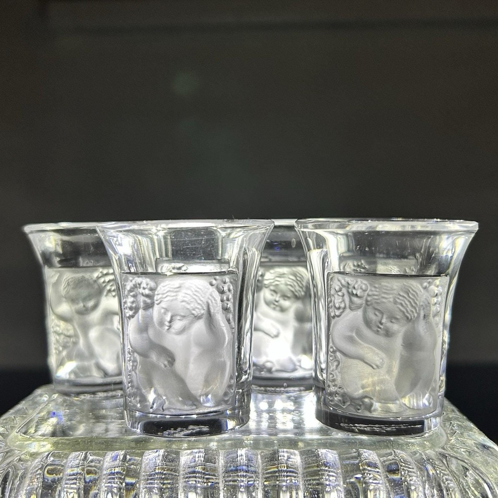 Vintage Lalique Les Enfants French Crystal Shot Glasses SIGNED Set Of 4 EUC
